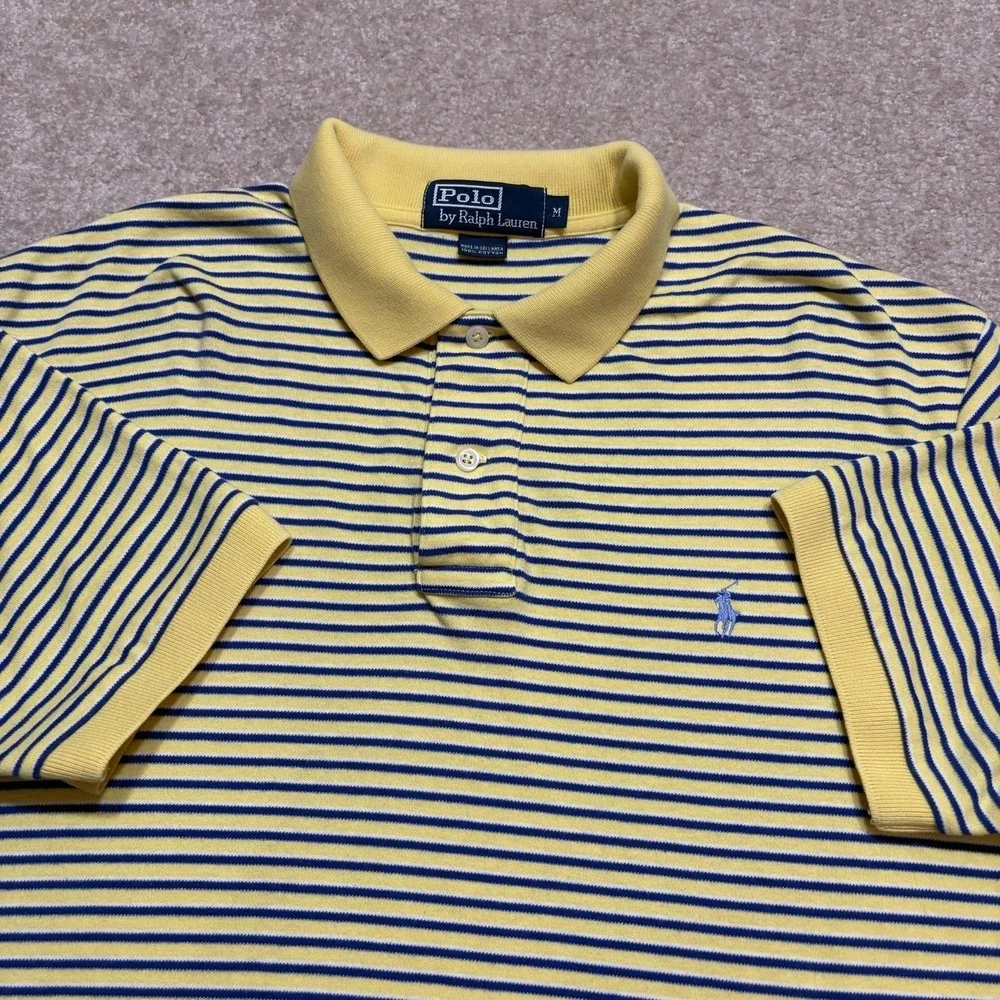 Polo Ralph Lauren Polo Shirt Mens Medium Yellow Blue Stripe Pique Cotton